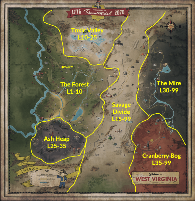 Fallout 76 Full Zone Map With Recommend Level Range Full Details