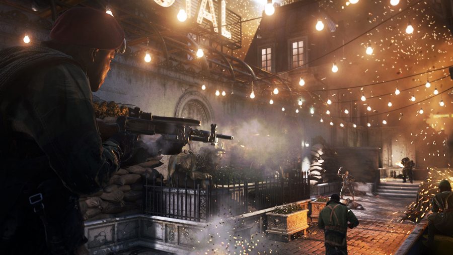 A soldier firing an assault rifle outside Hotel Royal in Call of Duty Vanguard