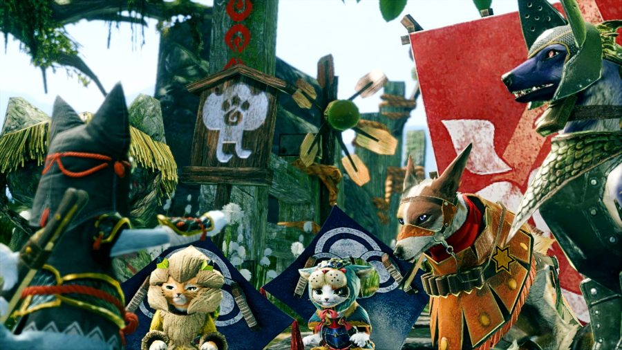Some of Monster Hunter Rise's Palicos and Palamutes